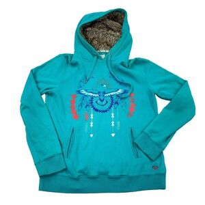 Vintage Y2K Roxy Hoodie Women Large Teal Green Faux Fur Hood Southwestern Aztec